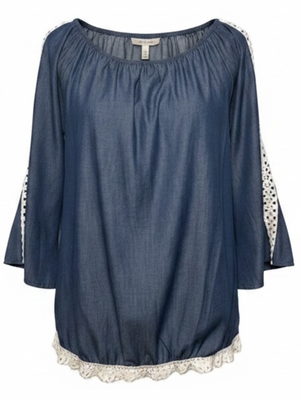 NWT J & M Blue Denim Bell Sleeve Top Crochet Sleeve Boho Top size Small